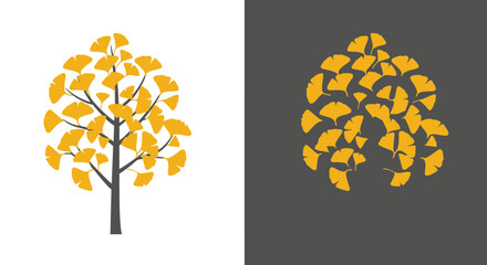 Stylized autumn tree with vibrant yellow leaves presented on white and dark gray backgrounds