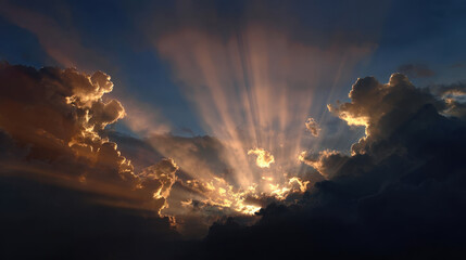 Wall Mural - majestic clouds illuminated by sunlight create stunning display in sky, showcasing rays of light bre