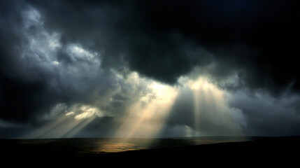 Wall Mural - dramatic clouds with rays of sunlight breaking through, creating stunning contrast against dark sky.