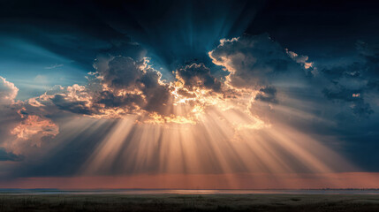Wall Mural - majestic clouds illuminated by sunlight create stunning display in sky, casting rays of light over s