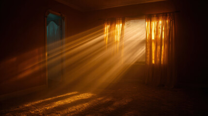 Wall Mural - Warm glow fills empty room as sunlight streams through sheer curtains, casting soft shadows on floor. atmosphere evokes sense of tranquility and nostalgia