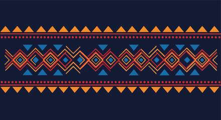 A symmetrical geometric pattern featuring repeating diamond, triangle, and dot elements in vibrant colors.