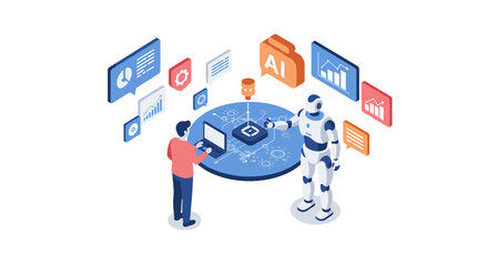 Ai collaboration: futuristic robot and programmer in an isometric office setting