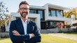 © Newleks - Professional real estate agent standing confidently with crossed arms, positioned before modern luxury residence, representing successful property sales expertise