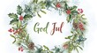 © Aleksei - A beautiful watercolor painting of a winter floral wreath with 'God Jul' (Swedish for 'Merry Christmas') hand-painted in elegant script in the center, perfect for the Christmas season.