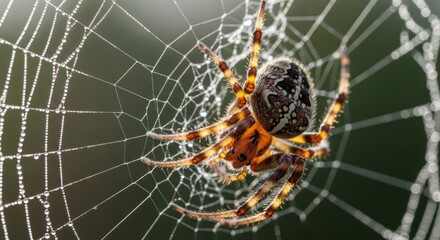 Macro shot of a garden orb weaver spider on its web covered in morning dew drops.
