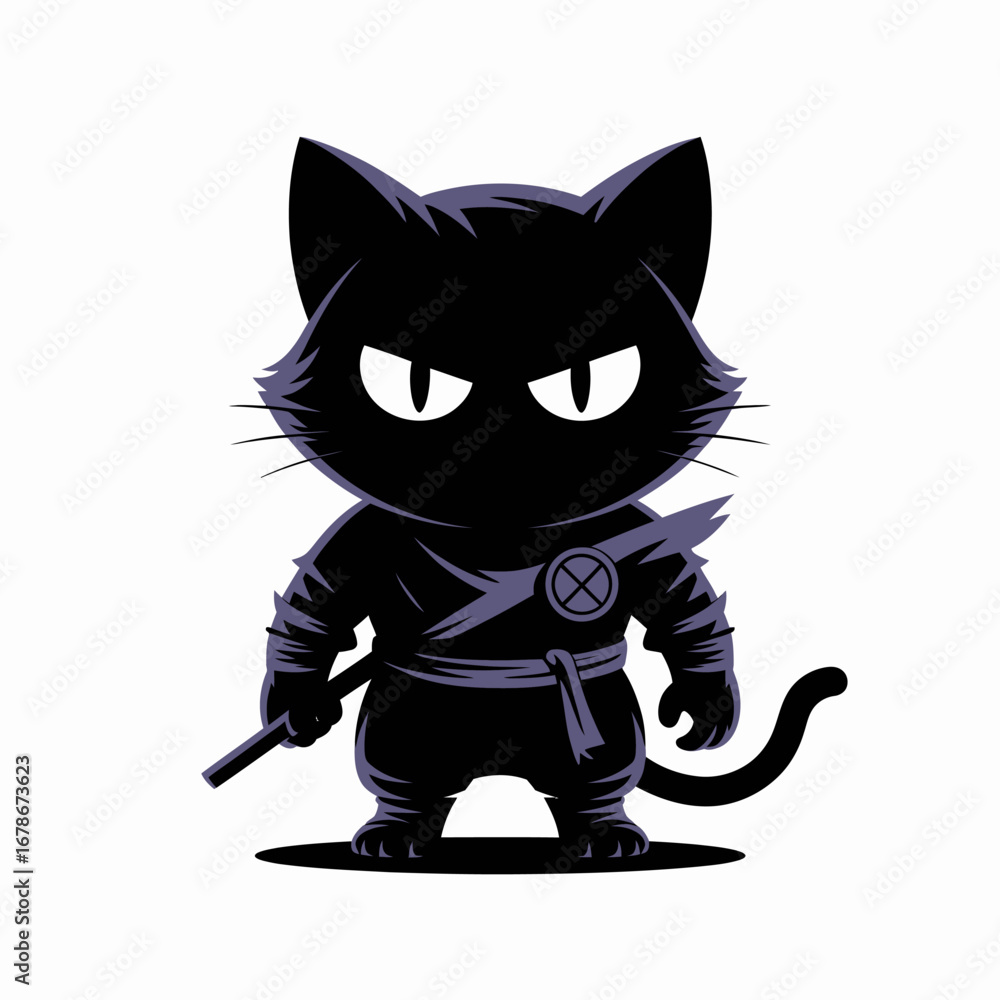 A detailed cartoon illustration of a black ninja cat holding a