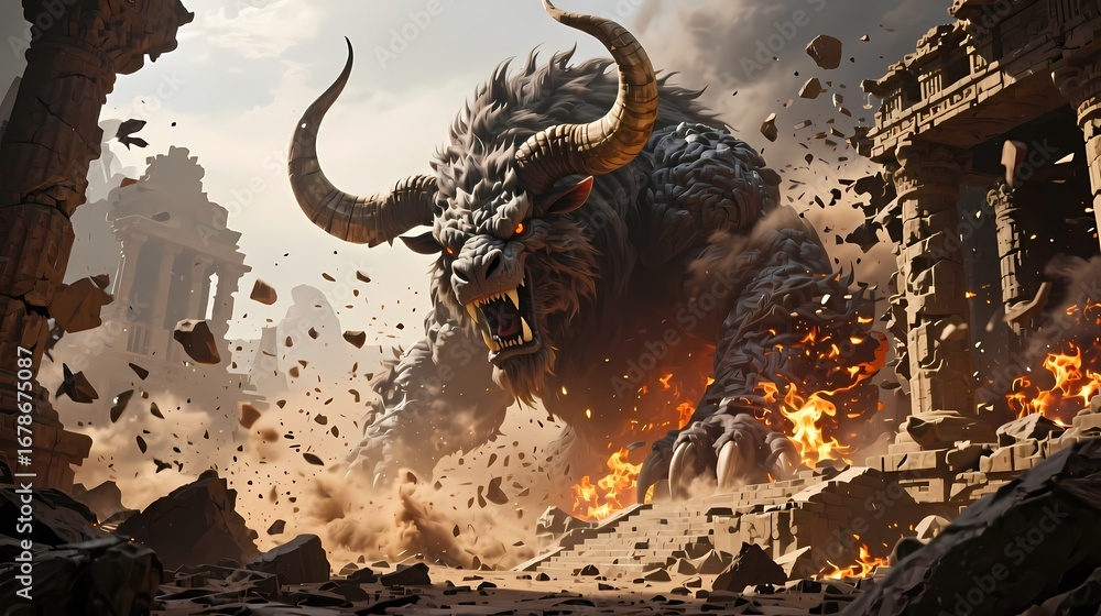 Massive horned beast destroying ancient temple fire and dust effects ...