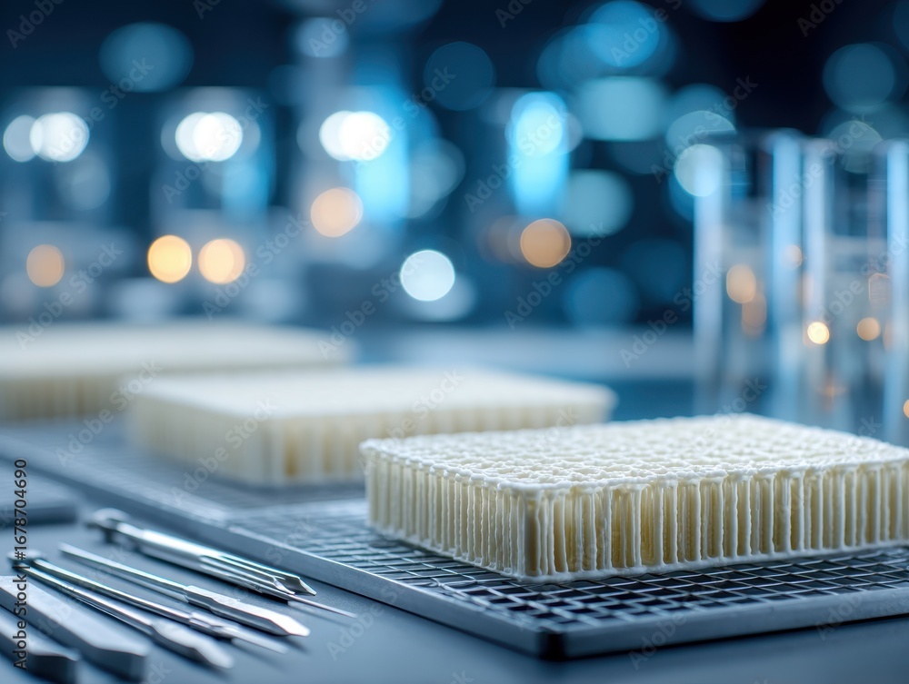 Laboratory table displays 3D-printed bone scaffolds with sterile tools ...