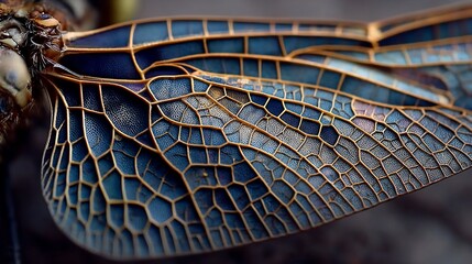 Intricate, detailed close-up of dragonfly wing, showcasing blue and golden cellular structure