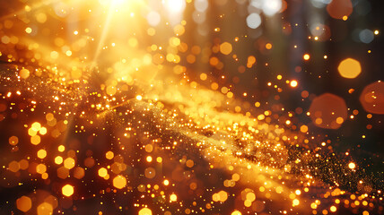 Abstract gold bokeh lights create a warm, glittering, and magical background effect.