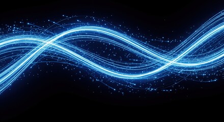 Luminous neon blue abstract energy waves flowing in a smooth sinusoidal pattern against a deep black backdrop