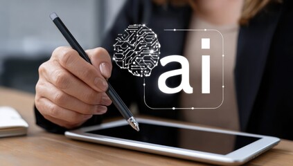 A person using a stylus pen on a tablet, demonstrating artificial intelligence technology with a digital brain graphic overlay for innovative creativity and design purposes.