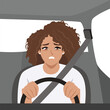 © Wigo Design - Stressed woman gripping the steering wheel tightly while driving, showing fear or anxiety. Flat Vector character illustration