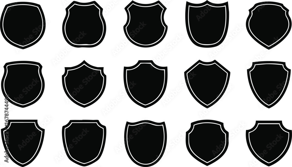 Fifteen black shield shapes with white outlines arranged in rows ...