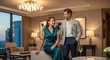© Celt Studio - Elegant couple in luxury apartment, wealthy mature man and beautiful woman in designer clothes enjoying evening in modern home with city view.