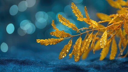 Golden leaves with water droplets on a blue textured surface, bokeh background