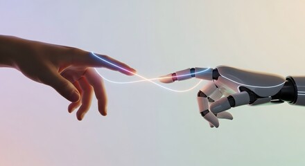 Human and robot hands connect with glowing lines, symbolizing digital collaboration and future technology.