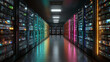 © OCTOLENS - Futuristic server room at data center with technology and advanced networking equipment. long corridor aisle glows with colorful light from racks creating powerful mood