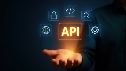 A businessman presenting glowing api block with floating icons for ai, database, cloud and security, application programming interface, api programming