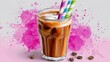 © Nataliia_Trushchenko - Refreshing iced coffee drink in a clear glass with colorful striped straws, surrounded by coffee beans and vibrant pink splashes, creating an inviting and energetic beverage presentation