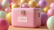 © Abu - A vibrant pink cosmetic case, styled with a vintage aesthetic, sits amidst a cluster of pastel-colored balloons
