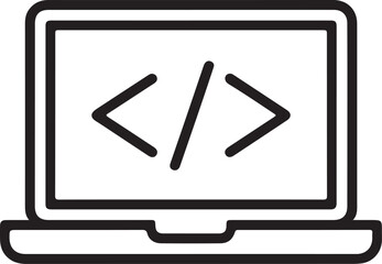 Laptop computer screen displaying coding symbols for programming and development