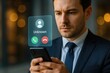 © mediastok.ai - A man in a suit looks concerned while viewing an incoming call from an unknown number on his smartphone.