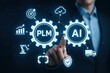 © mediastok.ai - A businessman's hand interacts with a digital interface displaying interconnected PLM and AI technology components, highlighting the synergy between product lifecycle management and artificial...
