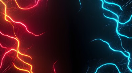 Wall Mural - The image features abstract, glowing light patterns in red/orange on the left and blue/teal on the right, set against a stark black background, creating visual tension.
