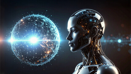A captivating futuristic cyborg, contemplates a glowing data sphere, symbolizing technology and artificial intelligence