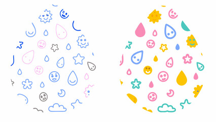 Wall Mural - Two circles filled with cartoon weather icons including suns clouds raindrops and moons in pastel colors