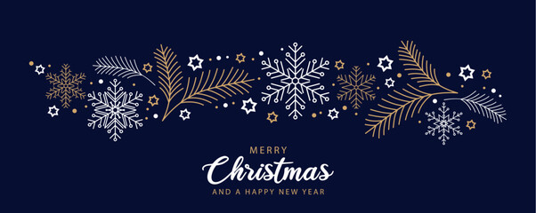 Wall Mural - merry christmas greeting card with snowflake fir branches border vector illustration