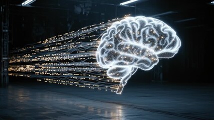 A glowing brain created from streams of light and code shows the integration of neurochips in a high-tech space. The atmosphere suggests advanced technology and innovation.