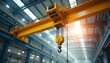 © Vadym - Yellow overhead crane assembly suspended from factory ceiling. Industrial machinery designed for heavy lifting operations in workshops, manufacturing. Enhances efficiency, safety in production,