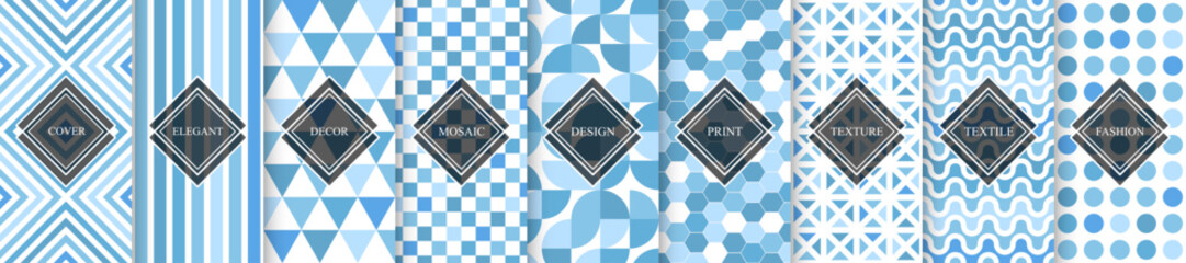 Wall Mural - Collection of blue geometric seamless patterns. Tile mosaic endless textures. Bright vector repeatable backgrounds