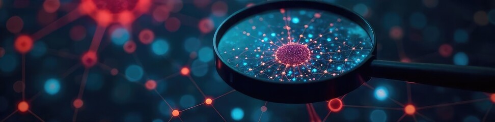 A magnifying glass meticulously examines a complex network of interconnected nodes, symbolizing the process of searching for and observing intricate details within a vast system , finding, analysis