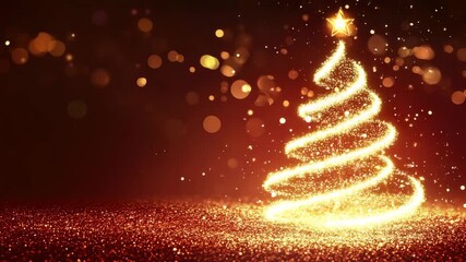Wall Mural - golden glittering shiny christmas tree on red background animation