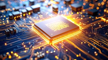 Glowing Microchip on Circuit Board: Technology Innovation