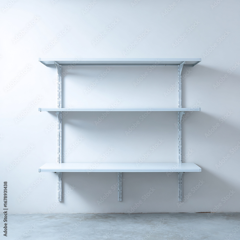 Empty white metal wall-mounted shelving unit in a bright, clean, and ...