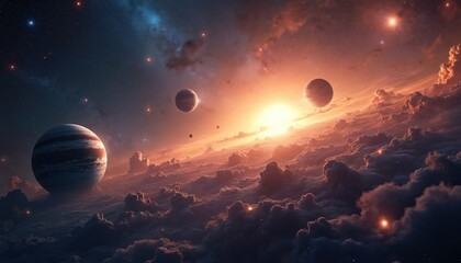 Wall Mural - Expansive view of cosmos with planets, stars, nebulae bathed in warm, sunset-like light. Giant gas planets with visible stripes float amidst glowing clouds, distant galaxies, creating sense of awe,