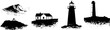 © Artem - Coastal themed black and white stencil set featuring lighthouse, wave, house, and rocky shoreline
