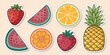 © Anelya - Colorful fruit stickers featuring strawberries, watermelons, oranges, and pineapples on a light background for creative projects or decoration ai, fruit, stickers, strawberries, watermelon, orange, pi