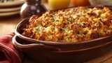 A deep brown casserole dish with turkey and stuffing bake, golden cheese crust, cloth oven mitt nearby, shallow lighting and warmth