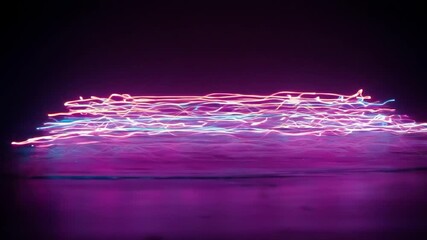 Wall Mural - Purple neon light streaks, dark background, surface reflection, design element