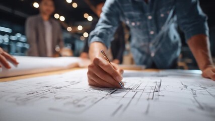 Blueprinting Hand draws lines on a large plan with others in the background