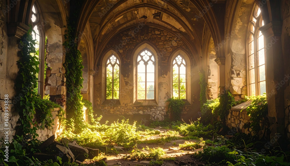 Overgrown ruins of a church with gothic windows and ivy covered walls ...