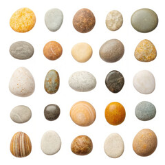 Collection of various smooth pebbles and stones isolated on transparent background