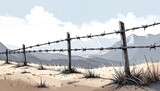 A barren landscape with a barbed wire fence