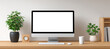 © Premium Graphics - Desktop mockup workspace computer screen blank template office desk plant design modern interior .mockup